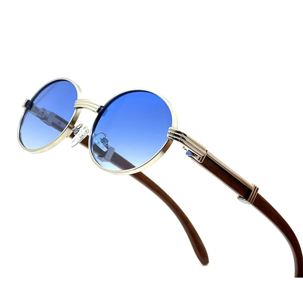 Round Blue Lens Sunglasses‎ Mens Wood Temple Metal Frame Fashion Eyewear LENTES